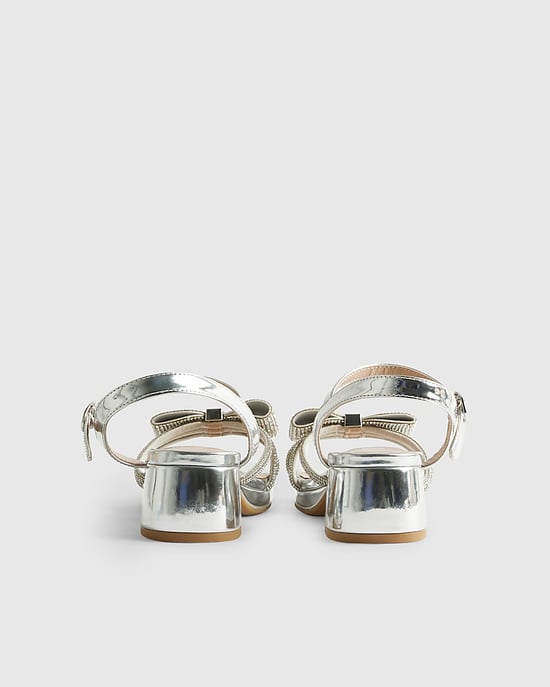 River Island Girls Heeled Sandals Silver Diamante Bow - Image 3