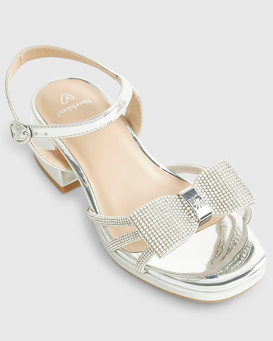 River Island Girls Heeled Sandals Silver Diamante Bow - Image 4
