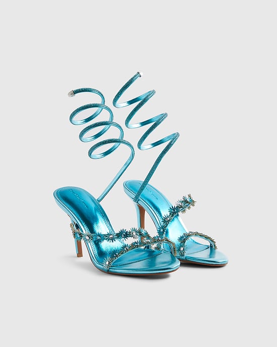 River Island Womens Sandals Blue Embellished Floral Wrap Heeled - Image 1