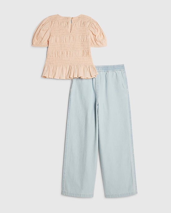 River Island Girls Top & Denim Joggers Set Pink Bow 2 Piece - Image 2