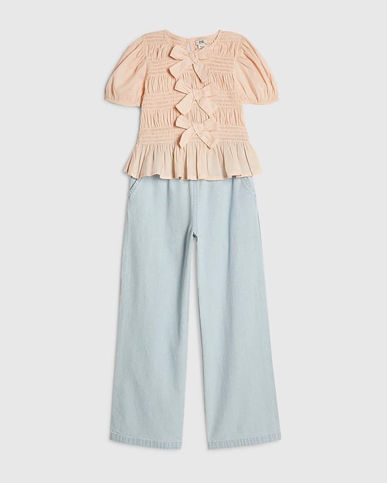 River Island Girls Top & Denim Joggers Set Pink Bow 2 Piece - Image 5