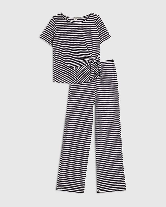 River Island Girls T-Shirt & Trousers Set Navy Short Sleeve Stripe 2 Piece - Image 1