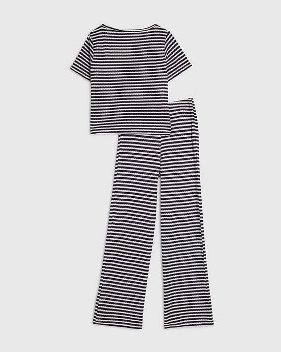 River Island Girls T-Shirt & Trousers Set Navy Short Sleeve Stripe 2 Piece - Image 2