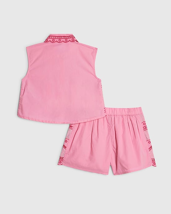 River Island Mini Girls Shirt & Short Set Pink Palm Tree 2 Piece - Image 2