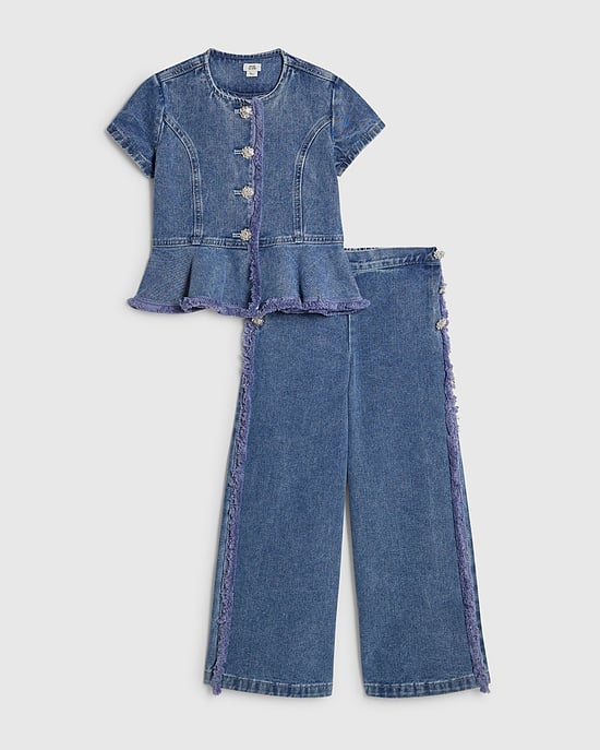 River Island Girls Peplum Top & Jeans Set Blue Denim 2 Piece - Image 1