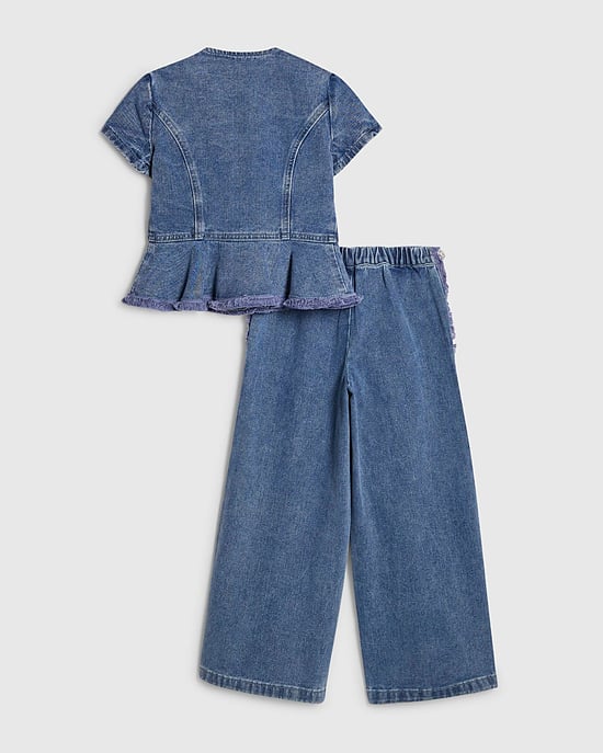 River Island Girls Peplum Top & Jeans Set Blue Denim 2 Piece - Image 2