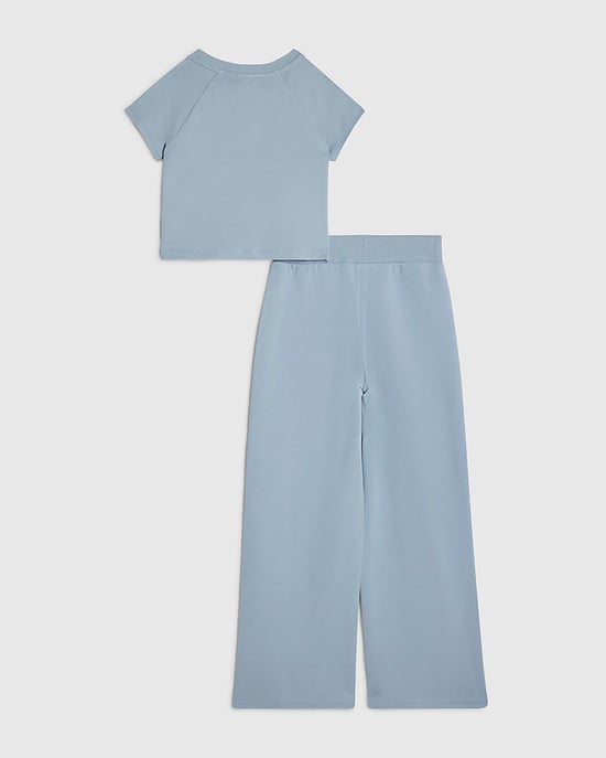 River Island Girls T-Shirt & Joggers Set Blue Bow Taped Wide Leg 2 Piece - Image 2