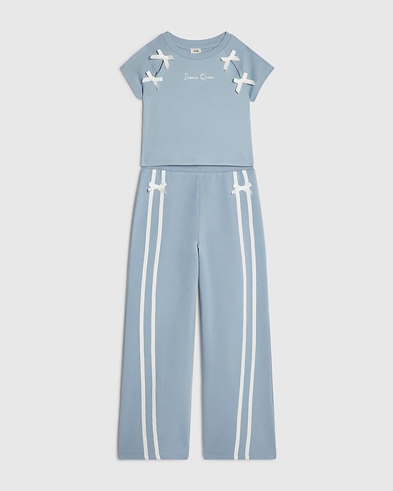 River Island Girls T-Shirt & Joggers Set Blue Bow Taped Wide Leg 2 Piece - Image 5