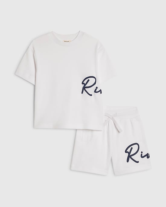 River Island Mini Boys T-Shirt & Shorts Set White Oversized 2 Piece - Image 1