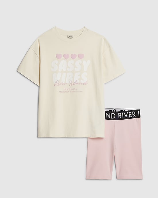 River Island Girls T-Shirt & Shorts Set Yellow Sassy Vibes 2 Piece - Image 1