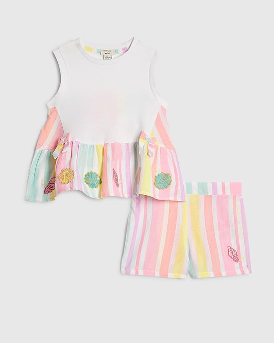 River Island Mini Girls Top & Shorts Set White Stripe 2 Piece - Image 1