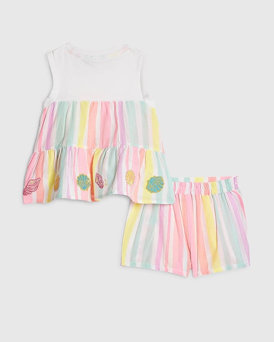 River Island Mini Girls Top & Shorts Set White Stripe 2 Piece - Image 2