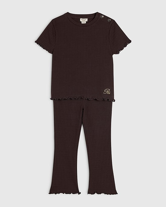 River Island Mini Girls T-Shirt & Legging Set Brown Textured 2 Piece - Image 5