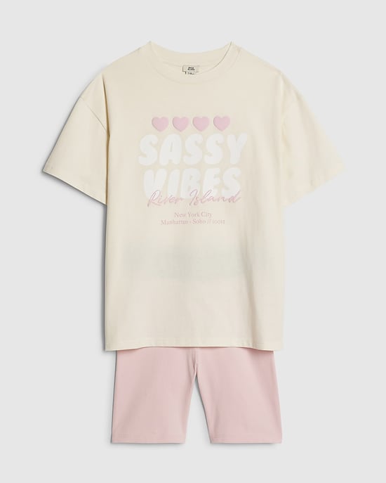 River Island Girls T-Shirt & Shorts Set Yellow Sassy Vibes 2 Piece - Image 5