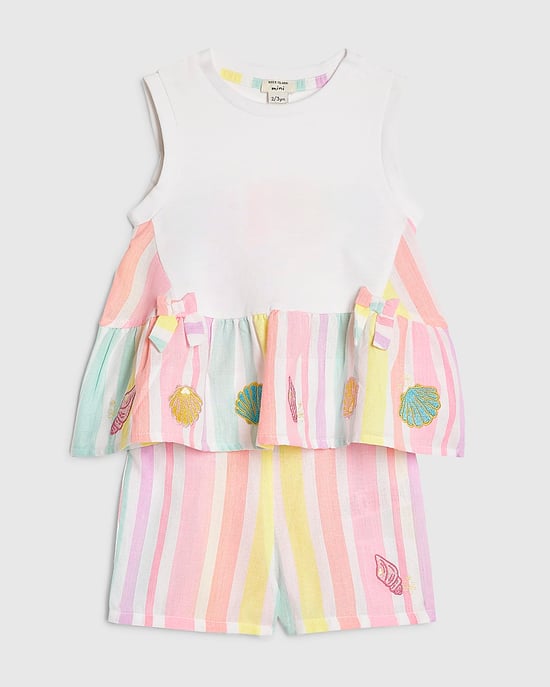 River Island Mini Girls Top & Shorts Set White Stripe 2 Piece - Image 5