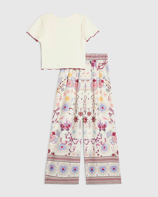 River Island Girls T-Shirt & Trouser Set Cream Bow 2 Piece - Image 2