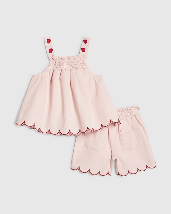 River Island Mini Girls Top & Shorts Set Pink Denim Heart 2 Piece - Image 2