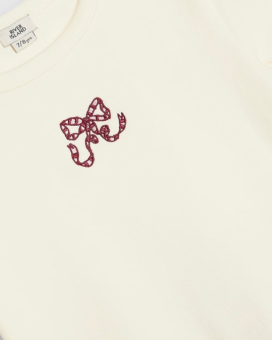 River Island Girls T-Shirt & Trouser Set Cream Bow 2 Piece - Image 3