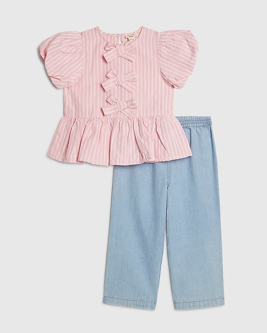River Island Mini Girls Top & Jeans Set Pink Stripe 2 Piece - Image 1