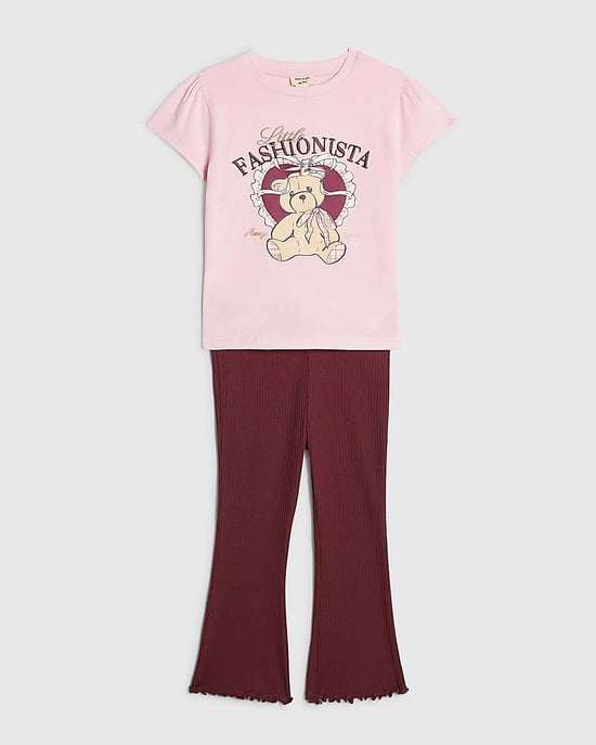 River Island Mini Girls T-Shirt & Leggings Set Pink Fashionista 2 Piece - Image 3