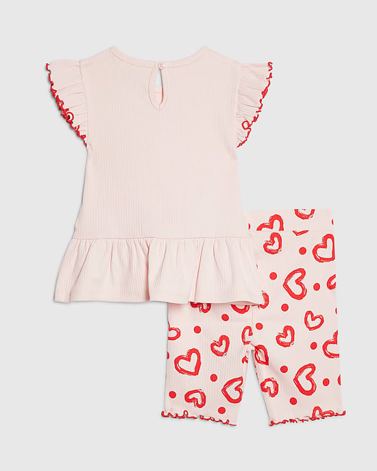 River Island Mini Girls Top & Shorts Set Pink Peplum Rib Heart 2 Piece - Image 2