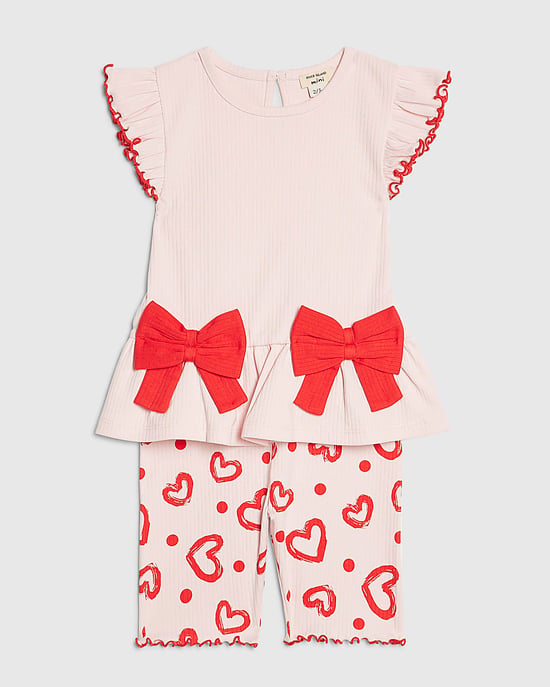 River Island Mini Girls Top & Shorts Set Pink Peplum Rib Heart 2 Piece - Image 5