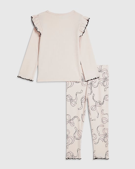 River Island Mini Girls T-Shirt & Leggings Set Pink Bow Frill 2 Piece - Image 2
