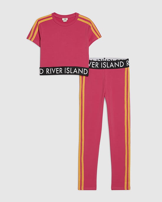 River Island Girls T-Shirt & Leggings Set Pink RI Side Stripe 2 Piece - Image 1