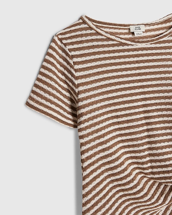 River Island Girls T-Shirt & Trousers Set Brown Striped Knot 2 Piece - Image 4