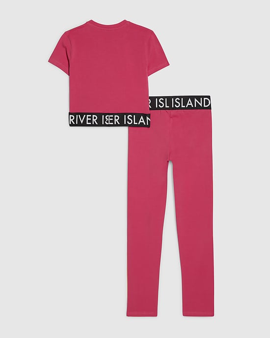 River Island Girls T-Shirt & Leggings Set Pink RI Side Stripe 2 Piece - Image 4