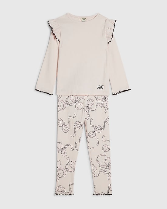 River Island Mini Girls T-Shirt & Leggings Set Pink Bow Frill 2 Piece - Image 5