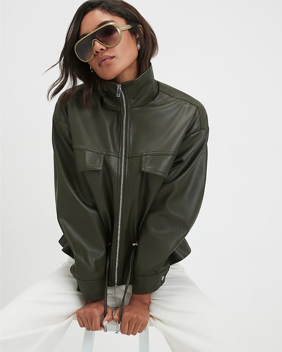 River Island Womens Jacket Khaki Faux Leather Drawstring Funnel - Image 2