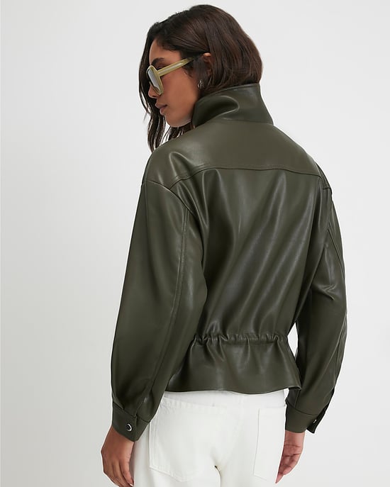 River Island Womens Jacket Khaki Faux Leather Drawstring Funnel - Image 3