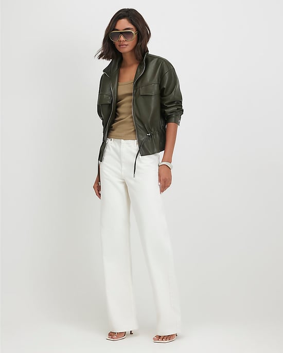 River Island Womens Jacket Khaki Faux Leather Drawstring Funnel - Image 4