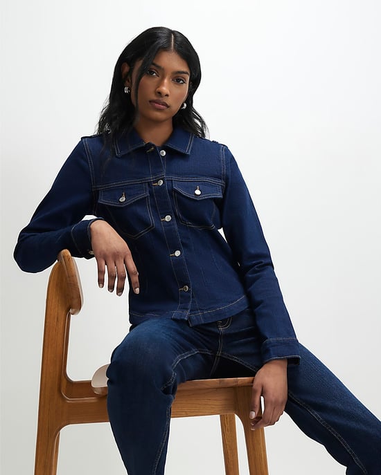 River Island Womens Denim Jacket Blue Fitted Collared Denim - Image 4