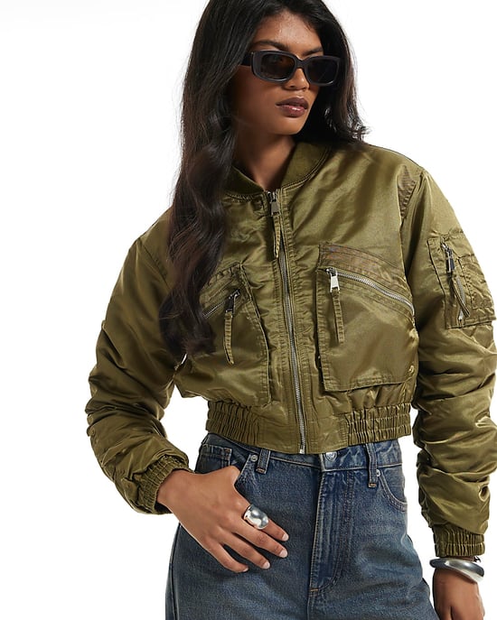 River Island Womens Bomber Jacket Green Cropped Fitted - Image 1