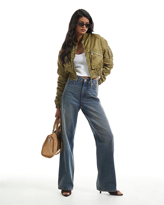 River Island Womens Bomber Jacket Green Cropped Fitted - Image 2