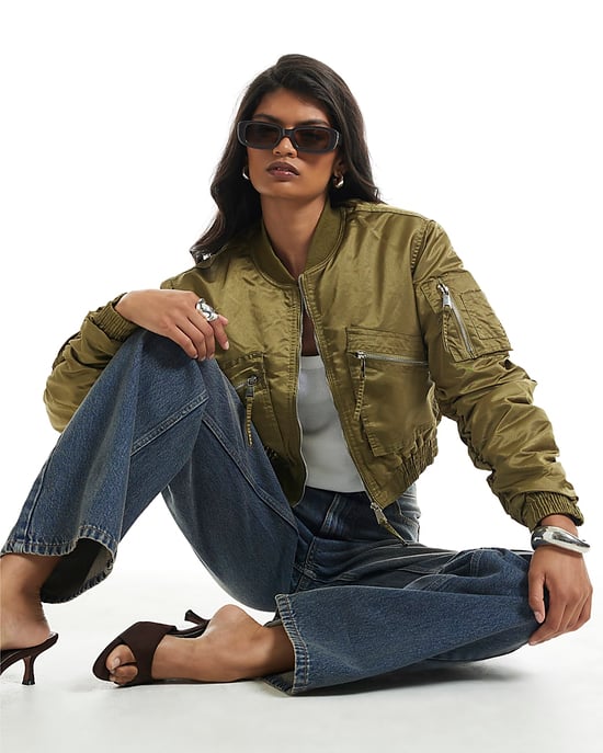 River Island Womens Bomber Jacket Green Cropped Fitted - Image 3