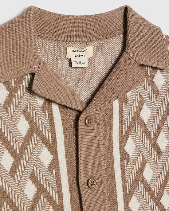 River Island Mini Boys Shirt Beige Geometric Knitted Collared - Image 2