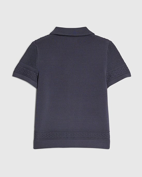 River Island Mini Boys Shirt Navy Knitted Collared Button - Image 4