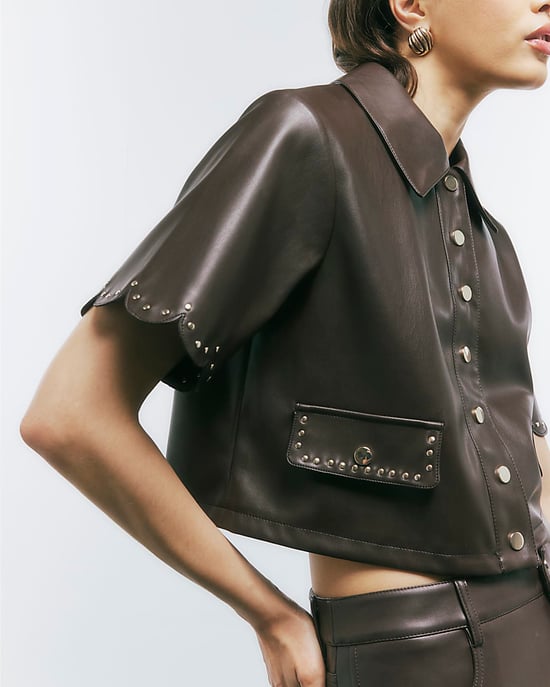 River Island Womens Shirt Brown Faux Leather Scallop Trim Studded - Image 3