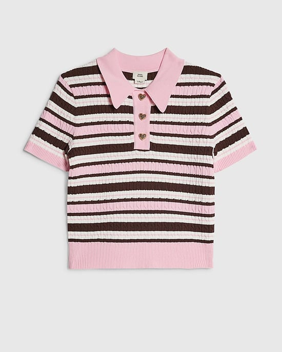 River Island Girls Polo Top Pink Stripe Collared Cable Knit - Image 1