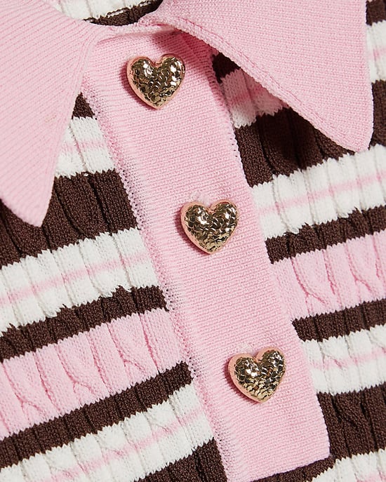 River Island Girls Polo Top Pink Stripe Collared Cable Knit - Image 2