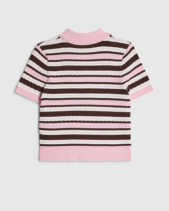 River Island Girls Polo Top Pink Stripe Collared Cable Knit - Image 4