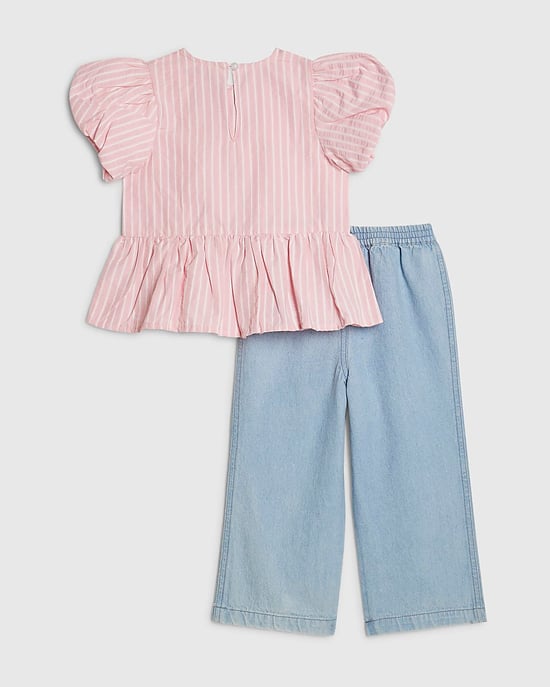 River Island Mini Girls Top & Jeans Set Pink Stripe 2 Piece - Image 2