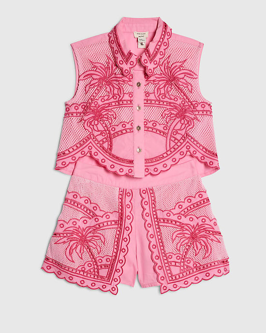 River Island Mini Girls Shirt & Short Set Pink Palm Tree 2 Piece - Image 5