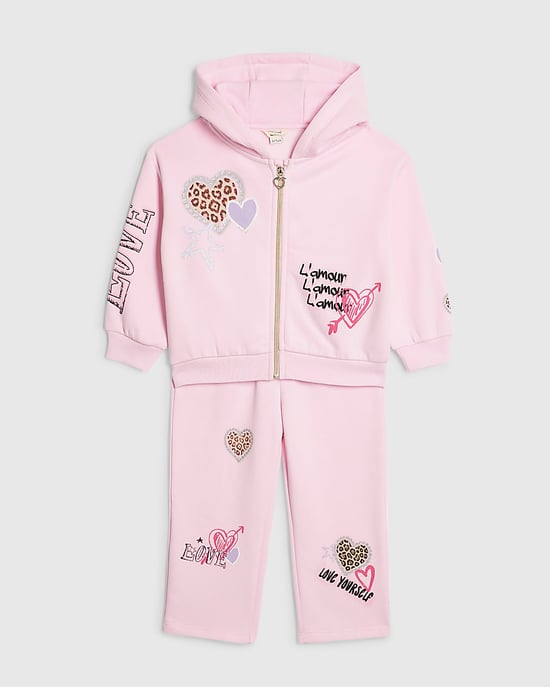 River Island Mini Girls Hoodie & Joggers Set Pink Graffiti Zip 2 Piece - Image 5