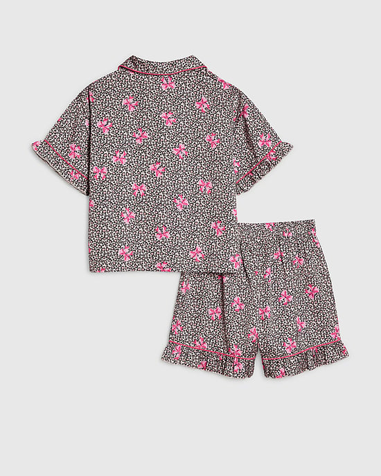 River Island Girls Brown Leopard Bow Print Satin Pyjamas - Image 2