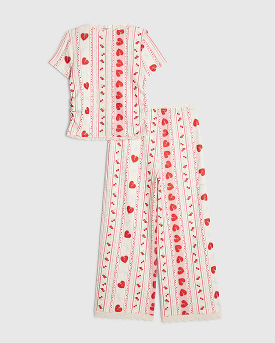River Island Girls Pyjamas Set Cream Heart Pointelle 2 Piece - Image 2