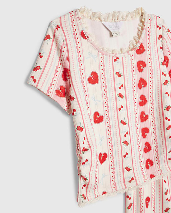 River Island Girls Pyjamas Set Cream Heart Pointelle 2 Piece - Image 3